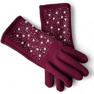 Adrienne Vittadini Burgundy Gloves with Pearl Details
